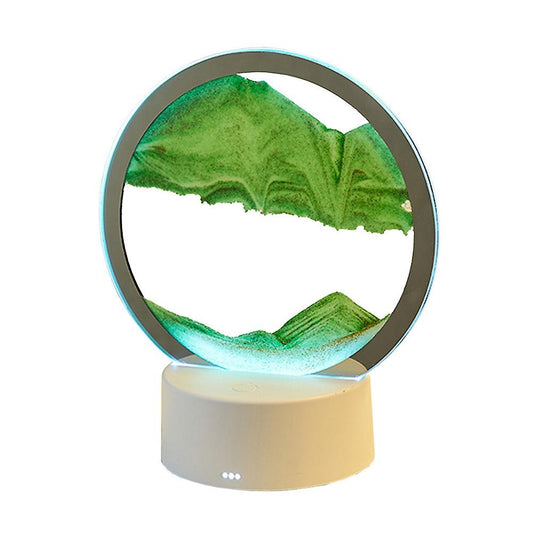 Lampa Decorativa Tip Clepsidra, Nisipuri Miscatoare cu Imagine 3D Dinamica, Efect Antistres si Relaxant, Alimentare USB sau 3 Baterii AA, Sticla si Acril, 16 x 18.5 cm, Verde