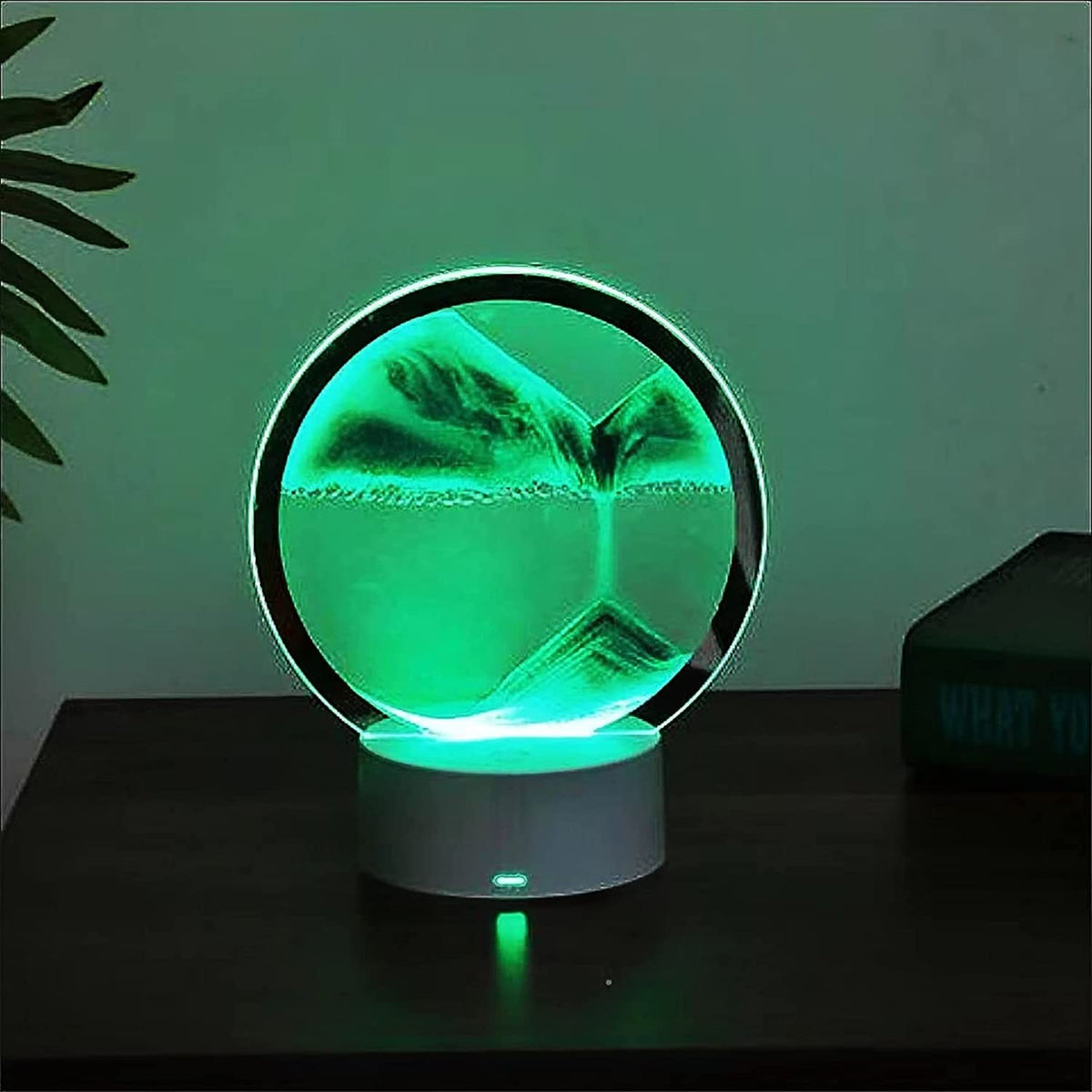 Lampa Decorativa Tip Clepsidra, Nisipuri Miscatoare cu Imagine 3D Dinamica, Efect Antistres si Relaxant, Alimentare USB sau 3 Baterii AA, Sticla si Acril, 16 x 18.5 cm, Verde