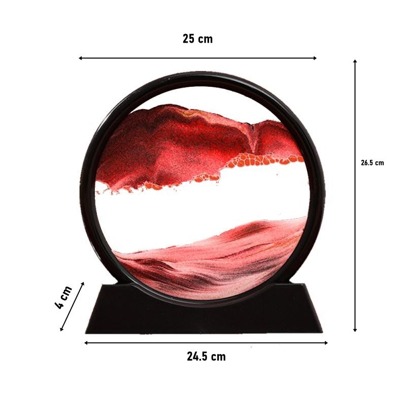 Clepsidra Decorativa cu Nisip Miscator, Imagine 3D Dinamica, Efect Antistres si Relaxant, Sticla si Acril, 25x26.5 cm, Cadru Negru, Rosu