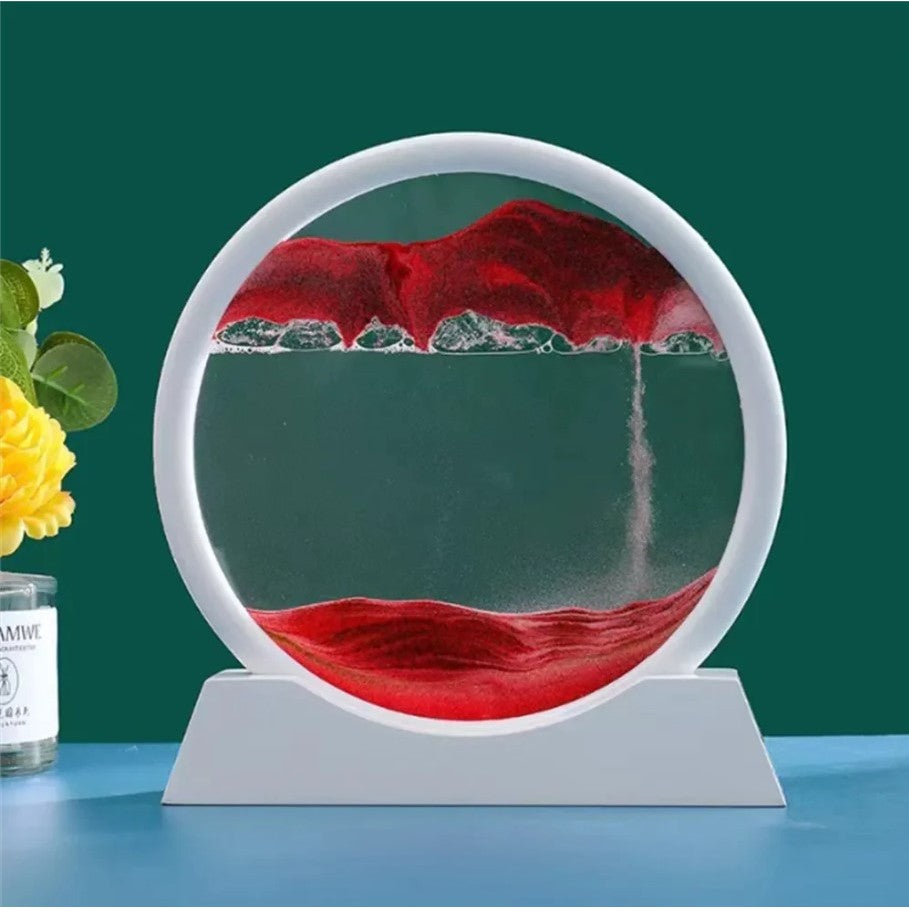 Clepsidra Decorativa cu Nisip Miscator, Imagine 3D Dinamica, Efect Antistres si Relaxant, Sticla Acrilica, Cadru Alb, 25x26.5 cm, Rosu