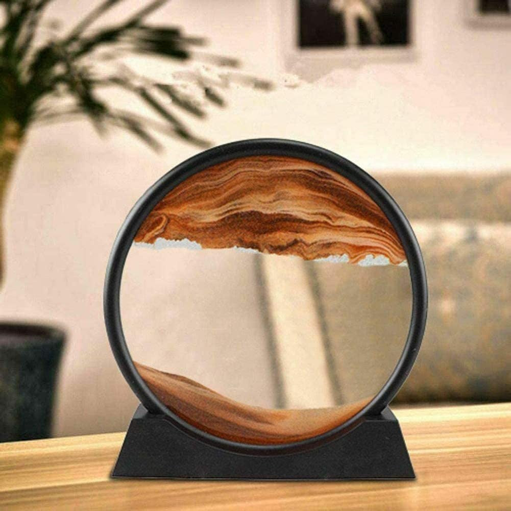 Clepsidra Decorativa cu Nisip Miscator, Tablou 3D Dinamic, Sticla Acrilica Relaxanta, Efect Antistres pentru Birou, Cadru Negru, Auriu, 25 x 26.5 cm