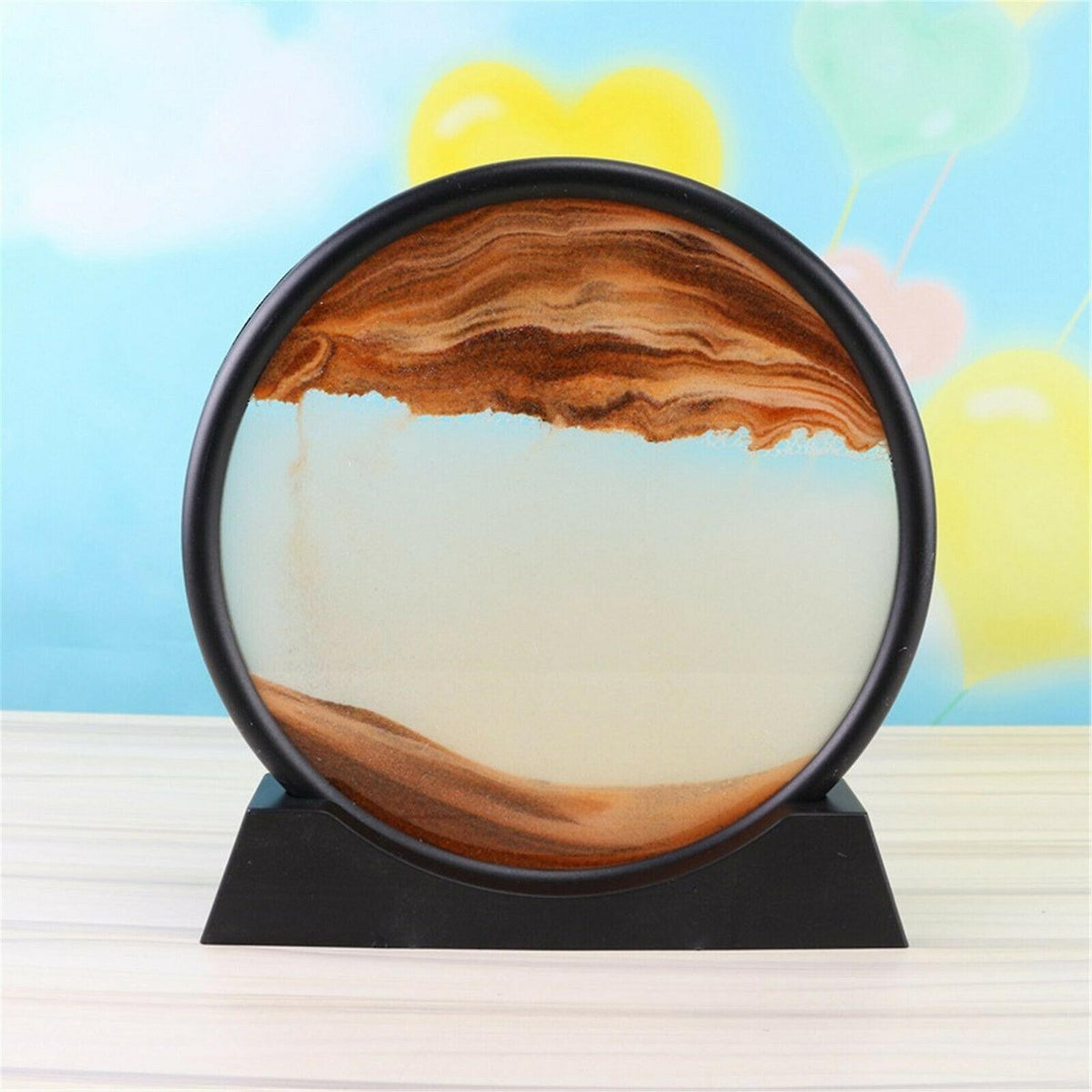 Clepsidra Decorativa cu Nisip Miscator, Tablou 3D Dinamic, Sticla Acrilica Relaxanta, Efect Antistres pentru Birou, Cadru Negru, Auriu, 25 x 26.5 cm