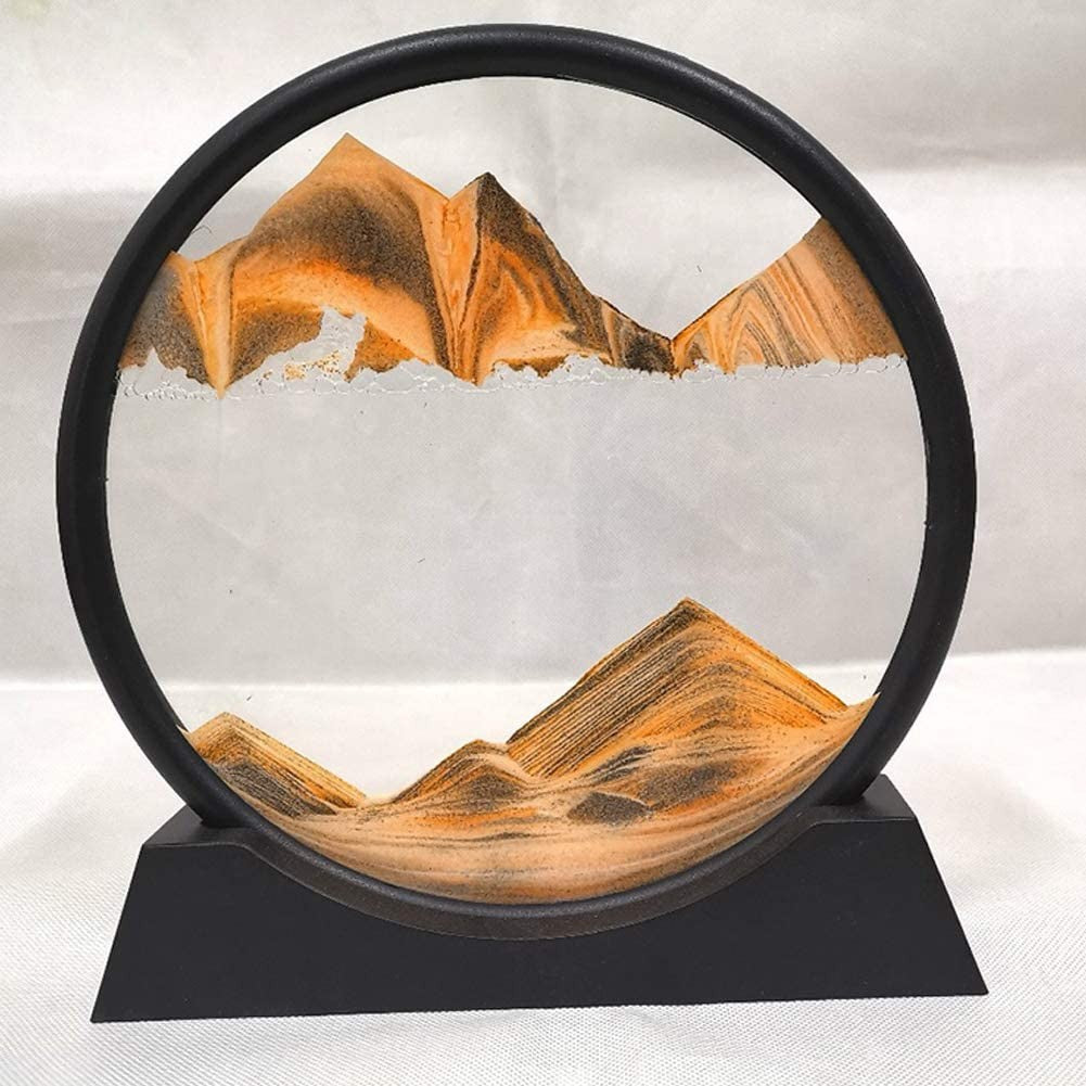 Clepsidra Decorativa cu Nisip Miscator, Tablou 3D Dinamic, Sticla Acrilica Relaxanta, Efect Antistres pentru Birou, Cadru Negru, Auriu, 25 x 26.5 cm