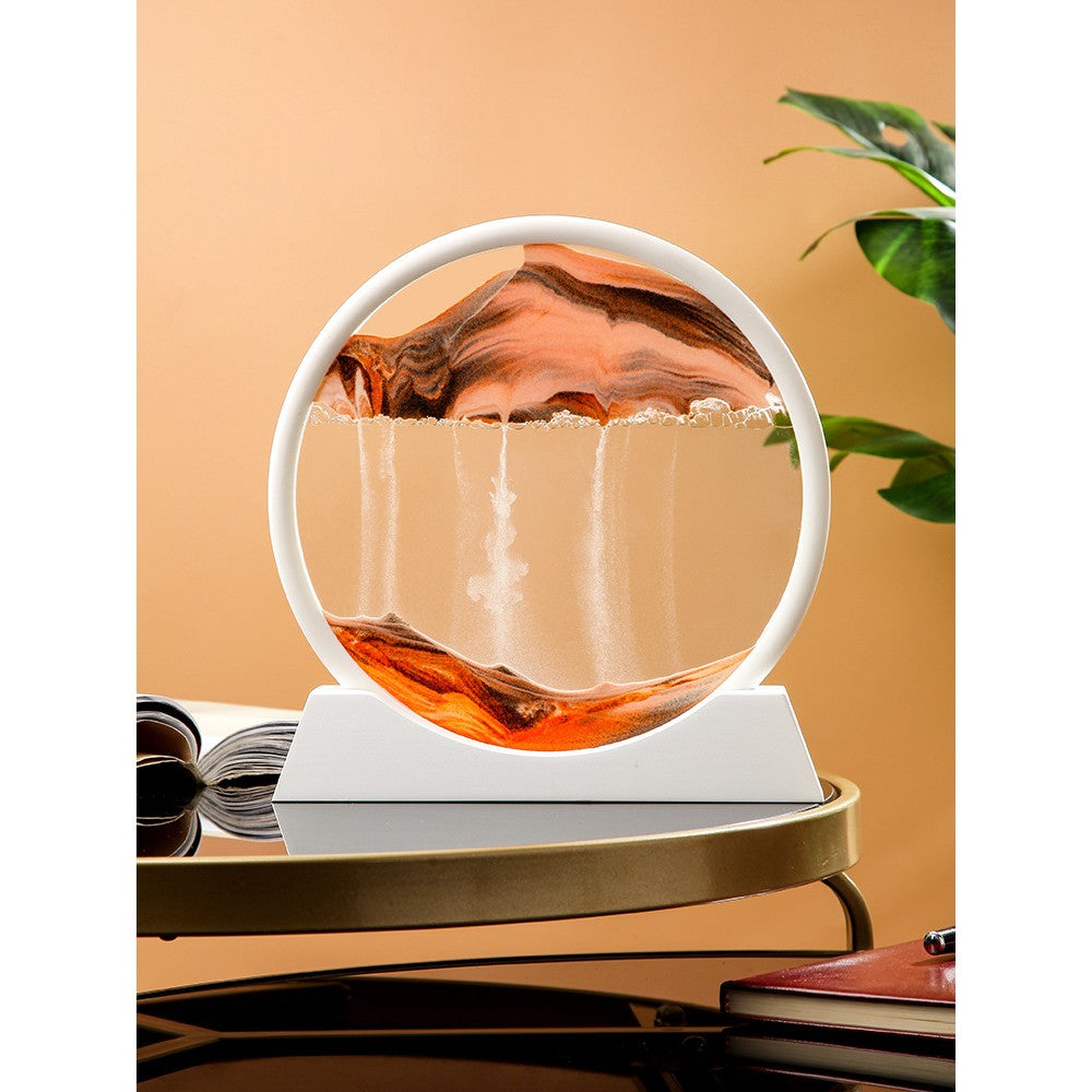 Clepsidra Decorativa cu Nisip Miscator, Imagine 3D Dinamica, Efect Antistres si Relaxant pentru Birou, Sticla Acrilica de Inalta Transparenta, Cadru Alb, 25x26.5 cm, Auriu