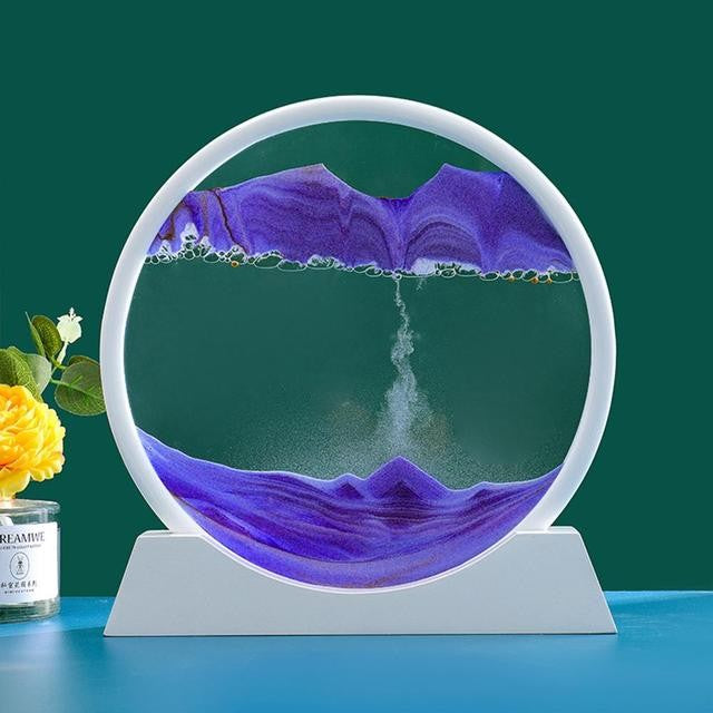 Lampa Decorativa Tip Clepsidra Cu Nisip Miscator, Imagine 3D Dinamica, Efect Antistres, Sticla Si Acril, Buton Tactil, 25x26.5 cm, Cadru Alb, Mov