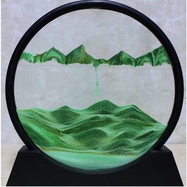 Decoratiune Clepsidra Cu Nisip Miscator, Tablou Dinamic 3D Peisaj Marin, Efect Antistres, Rama Rotunda Din Sticla Si Acril, 25x26.5 cm, Verde Smarald