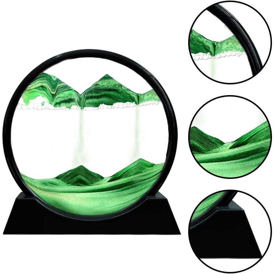 Decoratiune Clepsidra Cu Nisip Miscator, Tablou Dinamic 3D Peisaj Marin, Efect Antistres, Rama Rotunda Din Sticla Si Acril, 25x26.5 cm, Verde Smarald