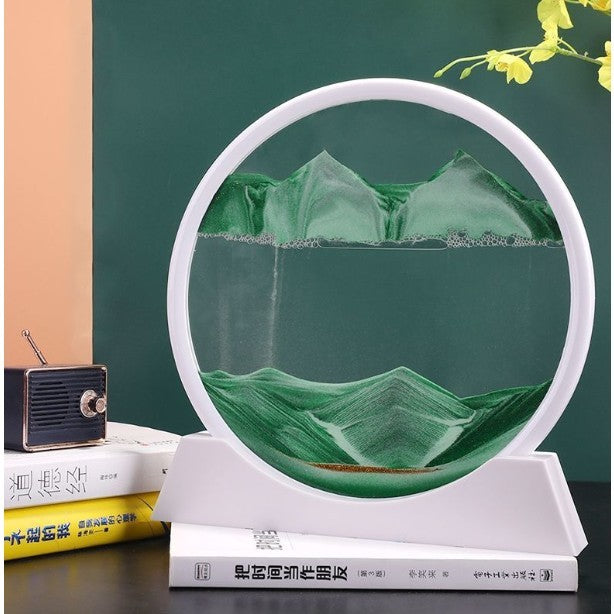 Clepsidra Decorativa cu Nisipuri Miscatoare, Imagine 3D Dinamica Antistres, Rama Rotunda din Sticla si Acril, 25x26.5 cm, Verde Smarald si Alb