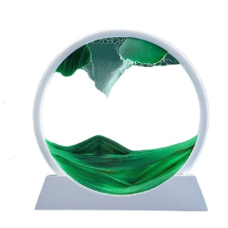 Clepsidra Decorativa cu Nisipuri Miscatoare, Imagine 3D Dinamica Antistres, Rama Rotunda din Sticla si Acril, 25x26.5 cm, Verde Smarald si Alb