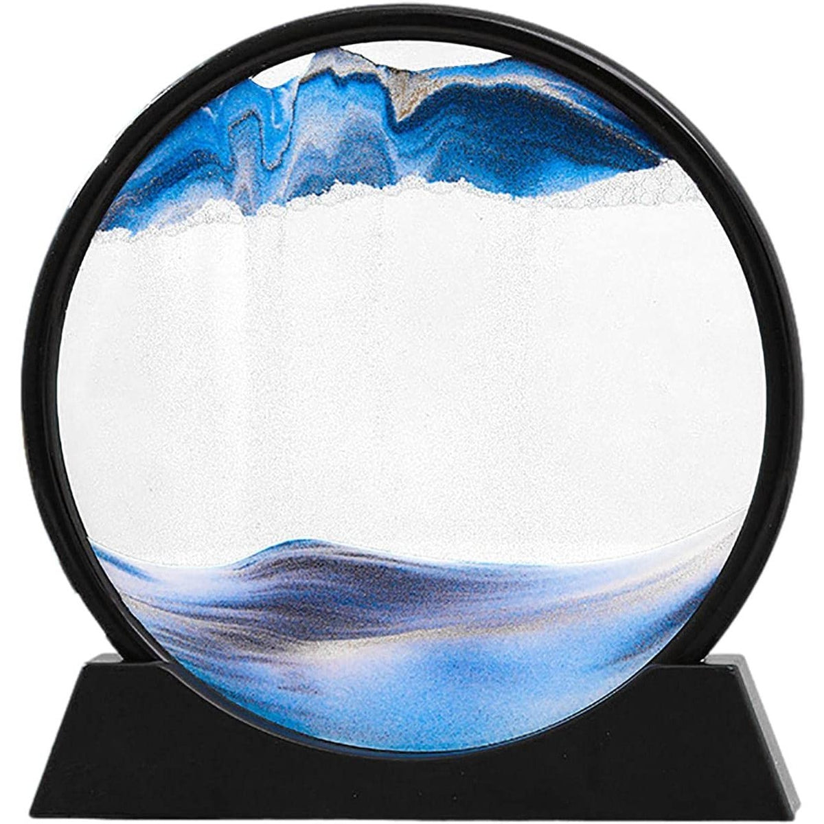 Clepsidra Decorativa cu Nisip Miscator, Imagine 3D Dinamica si Efect Antistres, Rama Rotunda din Sticla si Acril, 25x26.5 cm, Albastru/Negru