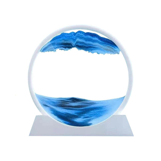Clepsidra Decorativa cu Nisip Miscator, Imagine 3D Dinamica si Efect Antistres, Peisaj Rotativ, Sticla si Acril, Rama Alba, 25x26.5 cm, Albastru