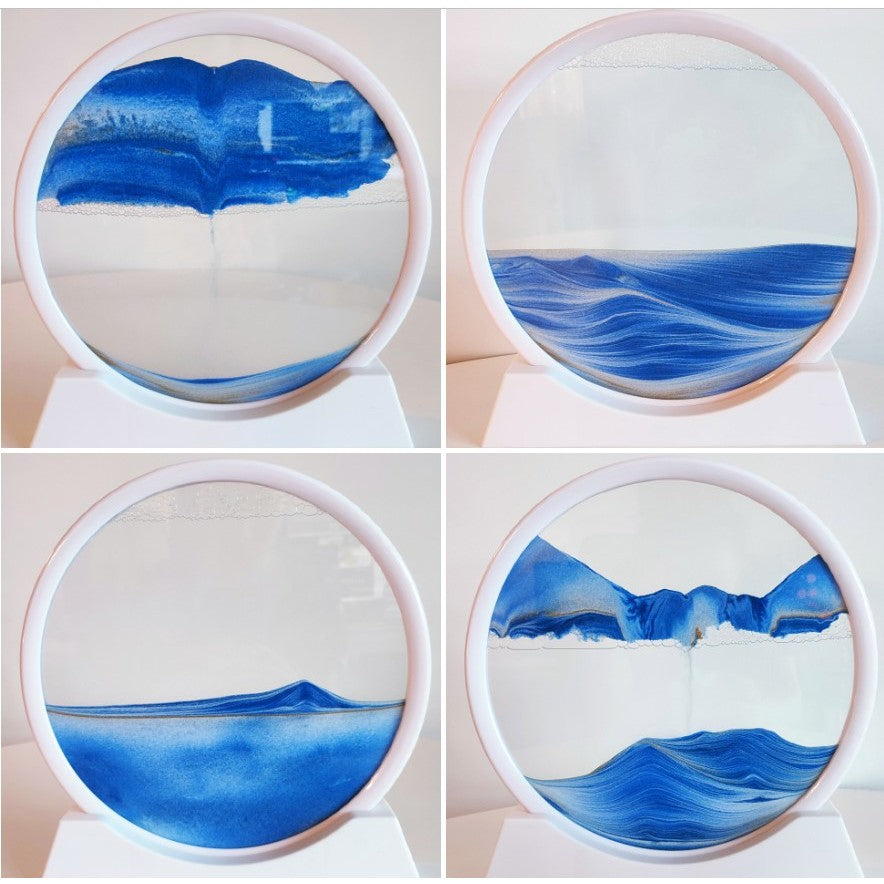 Clepsidra Decorativa cu Nisip Miscator, Imagine 3D Dinamica si Efect Antistres, Peisaj Rotativ, Sticla si Acril, Rama Alba, 25x26.5 cm, Albastru