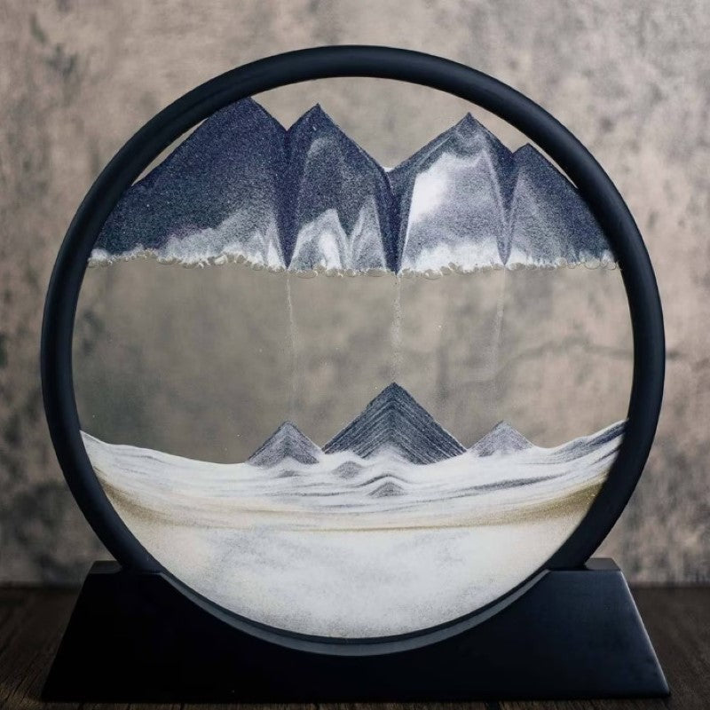 Clepsidra Decorativa cu Nisip Miscator, Imagine 3D Dinamica, Efect Antistres pentru Birou, Sticla si Acril, Cadru Negru, 25x26.5 cm, Gri