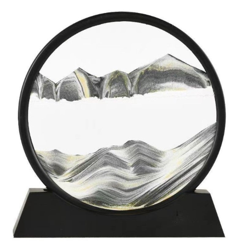 Clepsidra Decorativa cu Nisip Miscator, Imagine 3D Dinamica, Efect Antistres pentru Birou, Sticla si Acril, Cadru Negru, 25x26.5 cm, Gri