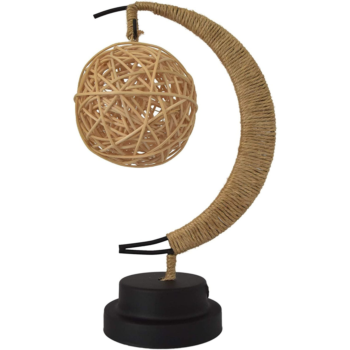 Lampa Veghe LED Semi-Luna Cu Glob Din Rattan, Design Romantic Fara Fir, Cadru Metalic Cu 11 LED-uri, Alimentare 3 Baterii AA, 28x15 cm, Alb Cald