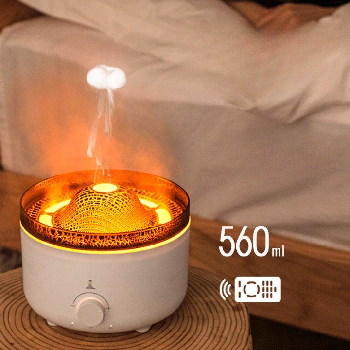 Umidificator si Difuzor Aromaterapie cu Ultrasunete, Efect Vizual Vulcan si Flacara, Lumina LED, Telecomanda, Oprire Automata, 560 ml, Model V21A, Alb