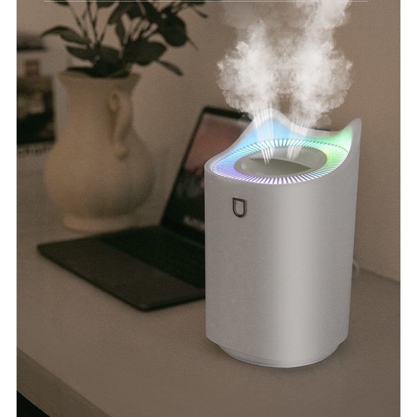 Umidificator de Aer cu Duza Dubla, Capacitate 3L, Umplere Superioara, Lumina Ambientala 7 Culori, Silentios 35dB, Oprire Automata, Alimentare USB, ABS si PP, Alb