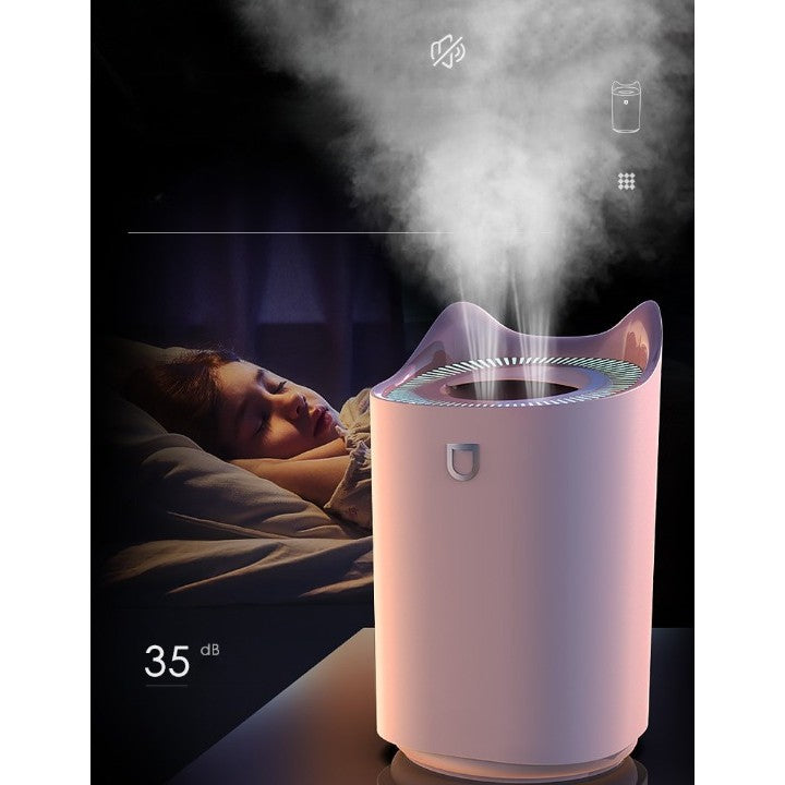 Umidificator de Aer cu Duza Dubla, Capacitate Mare 3L, Silentios 35dB, Lumina LED 7 Culori, Alimentare USB, ABS si PP, Roz