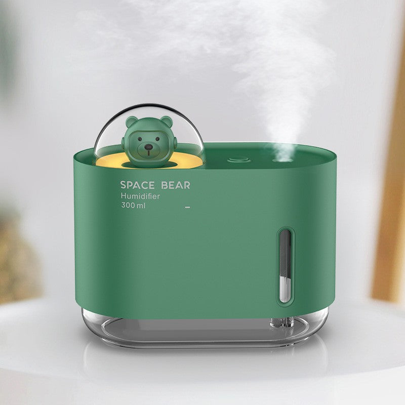 Umidificator de Aer si Difuzor de Arome Ursulet Spatial, Tehnologie Ultrasunete Silentioasa sub 28 dB, Lumini LED Colorate, Alimentare USB, Rezervor 300 ml, Verde