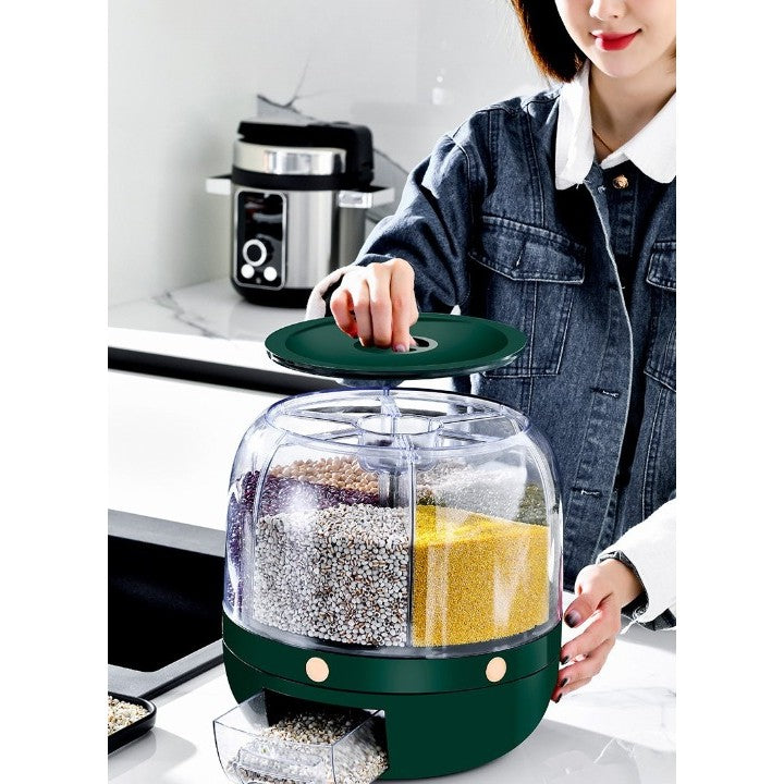 Dozator Cereale Rotativ 360 Grade, Dispenser Alimente cu 6 Compartimente si Inchidere Etansa, Plastic Rezistent, Capacitate 6 L, Verde