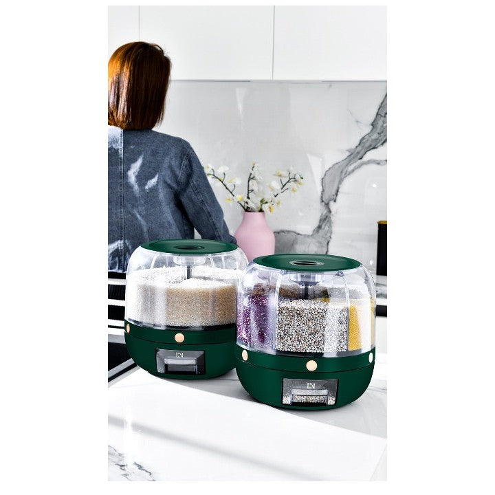 Dozator Cereale Rotativ 360 Grade, Dispenser Alimente cu 6 Compartimente si Inchidere Etansa, Plastic Rezistent, Capacitate 6 L, Verde