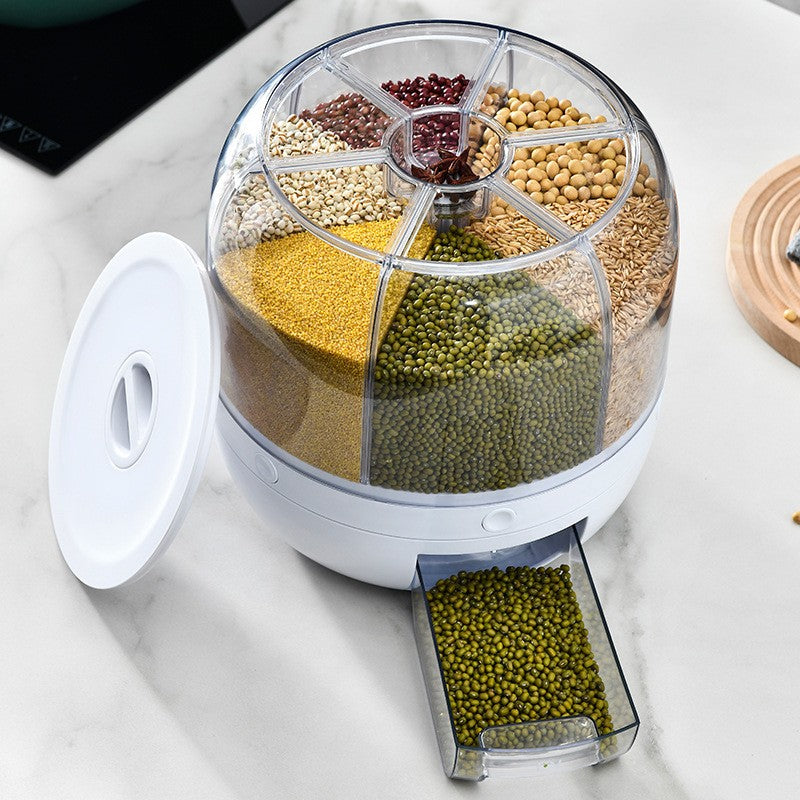 Dozator De Cereale Rotativ 360 Grade, Dispenser Pentru Alimente Uscate Cu 6 Compartimente, Inchidere Etansa, Plastic Transparent, Capacitate 3 L, Alb