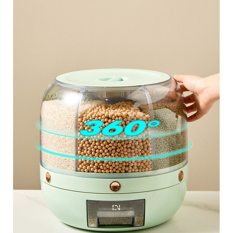 Dozator Cereale Rotativ 360 Grade, Dispenser Alimente cu 6 Compartimente, Recipient Depozitare Etans si Transparent, Plastic, 6 L, Verde Deschis