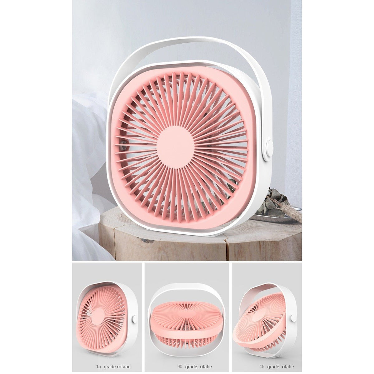 Mini Ventilator Portabil pentru Birou, Alimentare USB, 3 Viteze, Silentios cu Rotire 360 Grade, Design Urechi Pisica, ABS, 4000 mAh, Roz, 13.5 x 12.8 cm