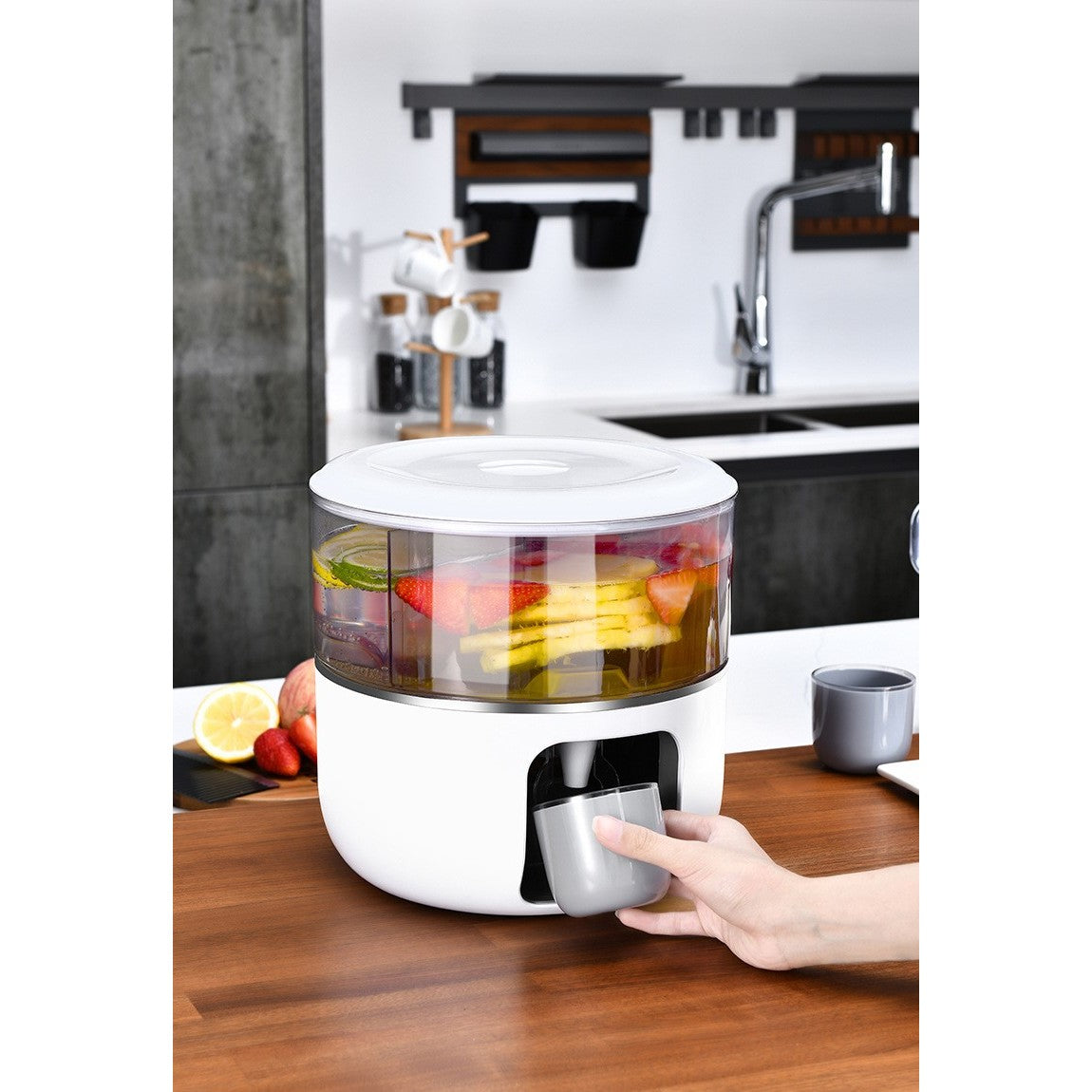 Dozator de Apa Rotativ, Dispozitiv Servire Bauturi cu 3 Compartimente Detasabile, Sistem de Rotire 360 Grade, Plastic Alimentar, Capacitate 5.2 L, Alb