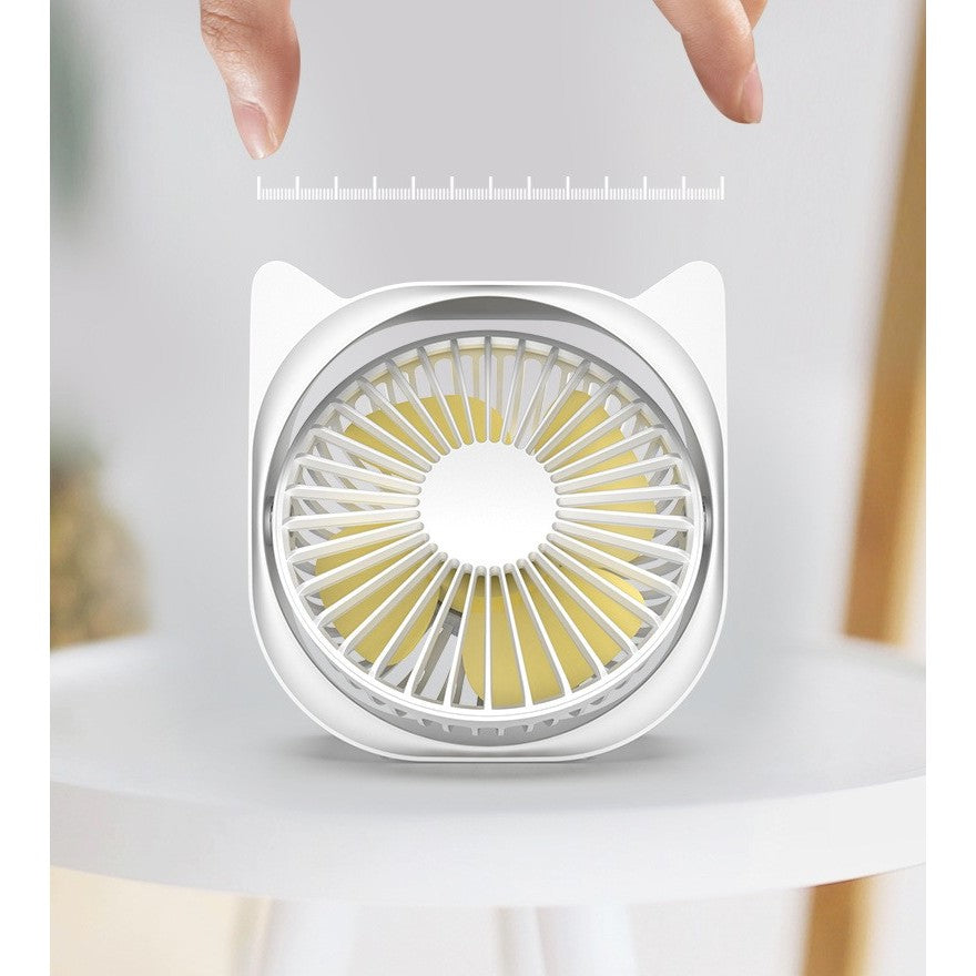 Mini Ventilator Portabil pentru Birou, Alimentare USB, Rotire 360 Grade, 3 Viteze, Silentios, Design Urechi de Pisica, Material ABS, 13.5 x 12.8 cm, Alb