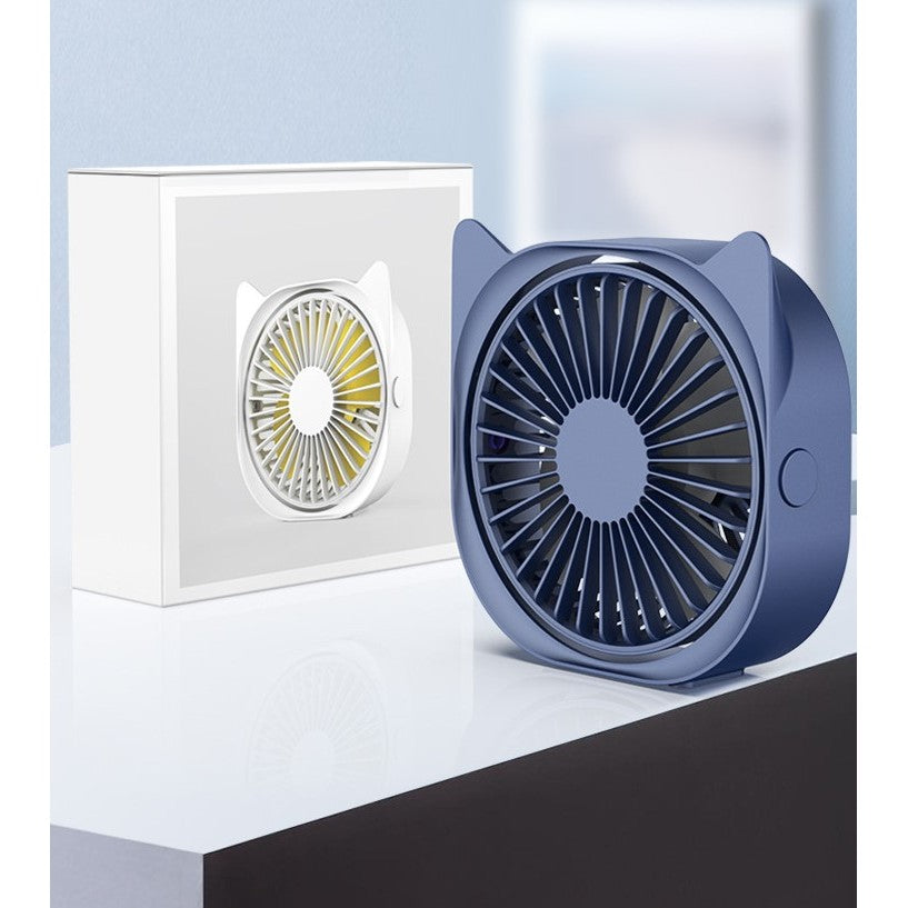 Mini Ventilator de Birou Portabil cu USB, Rotire 360 Grade, Design Urechi de Pisica, Motor Silentios Fara Perii, 3 Viteze, ABS, 13.5 x 12.8 cm, Albastru