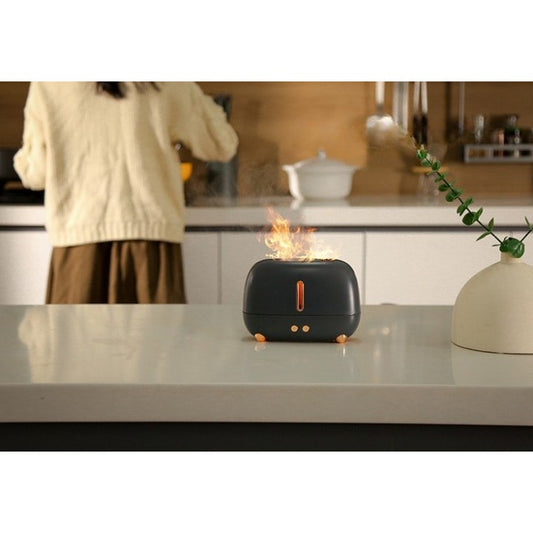 Umidificator Cu Ultrasunete Si Difuzor Aromaterapie, Efect Flacara Realist, 7 Culori LED, Oprire Automata, Silentios, USB-C, 250 ml, Negru