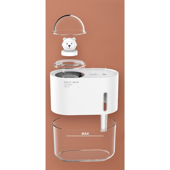 Umidificator de Aer si Difuzor de Aroma pentru Copii, Model Ursulet Spatial, Tehnologie Ultrasonica Silentioasa 28dB, Rezervor 300 ml, Iluminare LED Colorata, Alimentare USB, Alb