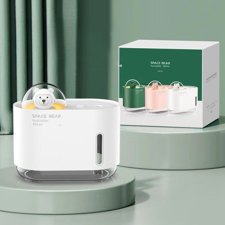 Umidificator de Aer si Difuzor de Aroma pentru Copii, Model Ursulet Spatial, Tehnologie Ultrasonica Silentioasa 28dB, Rezervor 300 ml, Iluminare LED Colorata, Alimentare USB, Alb