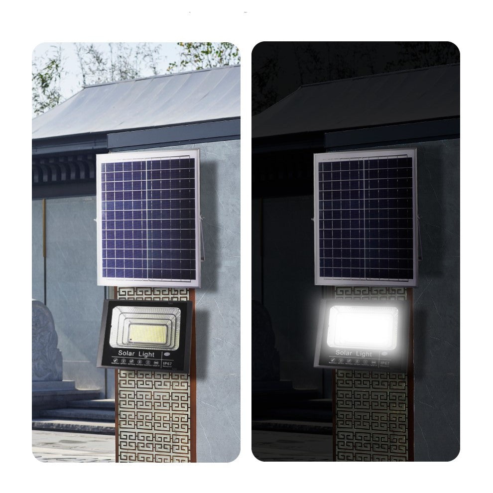 Proiector LED cu Panou Solar de Exterior, Lampa Solara 100W, Rezistent la Apa IP67, Senzor Lumina si Telecomanda, Kit Montaj Inclus, Lumina Rece, 22 cm x 27 cm, Negru