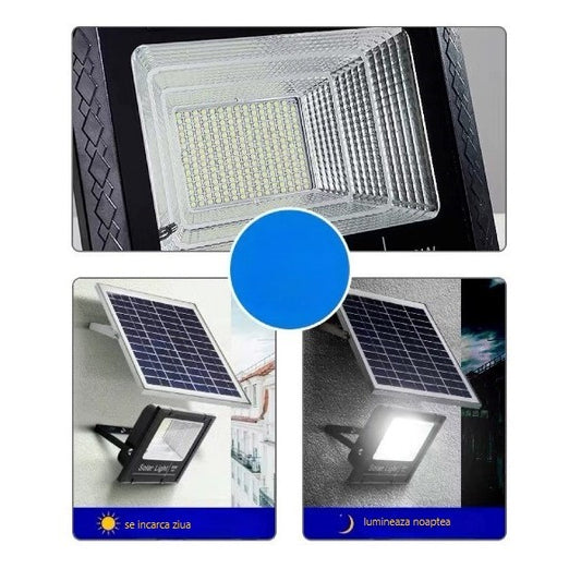 Proiector LED Solar de Exterior, Lampa Solara 150 W cu 248 LED SMD, Protectie IP67, Senzor Lumina si Telecomanda, Carcasa ABS, 22 cm x 27 cm, Lumina Rece