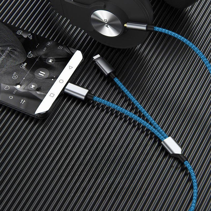 Cablu Adaptor Audio 2 in 1 Jack 3.5 mm la Lightning si USB Type C, Conector Tata, Protectie Anti-Rupere, Lungime 1m, Albastru Inchis