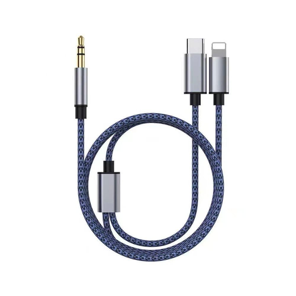 Cablu Adaptor Audio 2 in 1 Jack 3.5 mm la Lightning si USB Type C, Conector Tata, Protectie Anti-Rupere, Lungime 1m, Albastru Inchis