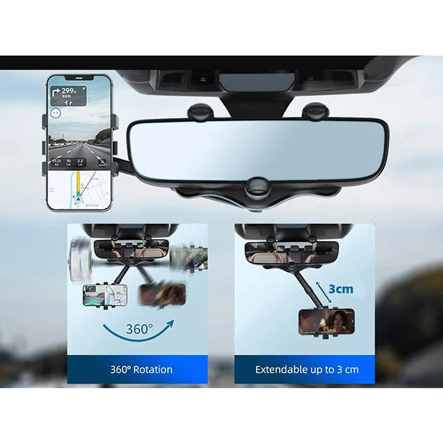 Suport Auto Pentru Oglinda Retrovizoare, Rotativ 360 Grade, Brat Telescopic si Retractabil, Multifunctional, ABS cu Finisaj Carbon, Negru
