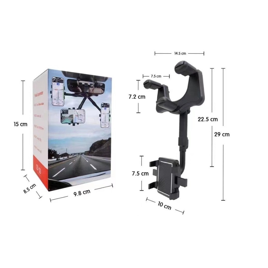 Suport Auto Pentru Telefon Cu Fixare Pe Oglinda Retrovizoare, Model Y611, Brat Retractabil Si Rotativ 360 Grade, ABS, Negru