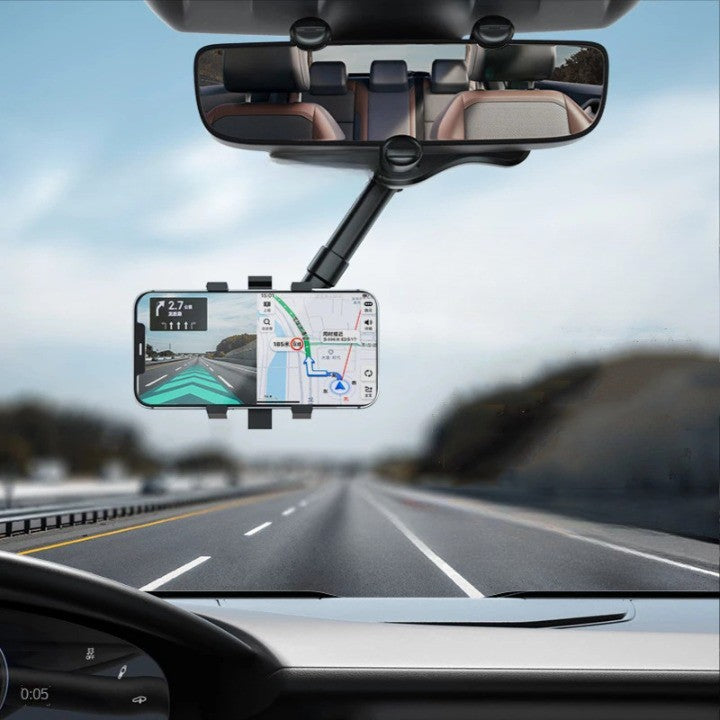 Suport Auto Pentru Telefon Cu Fixare Pe Oglinda Retrovizoare, Model Y611, Brat Retractabil Si Rotativ 360 Grade, ABS, Negru