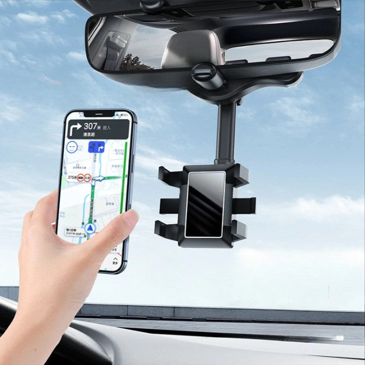 Suport Auto Pentru Telefon Cu Fixare Pe Oglinda Retrovizoare, Model Y611, Brat Retractabil Si Rotativ 360 Grade, ABS, Negru