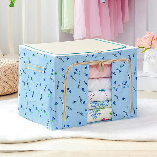 Cutie Depozitare Pliabila cu Cadru Metalic, Organizator Haine si Jucarii cu Fereastra Transparenta si Fermoar, Panza Oxford 600D, 24 L, 40x30x20 cm, Albastru cu Cirese