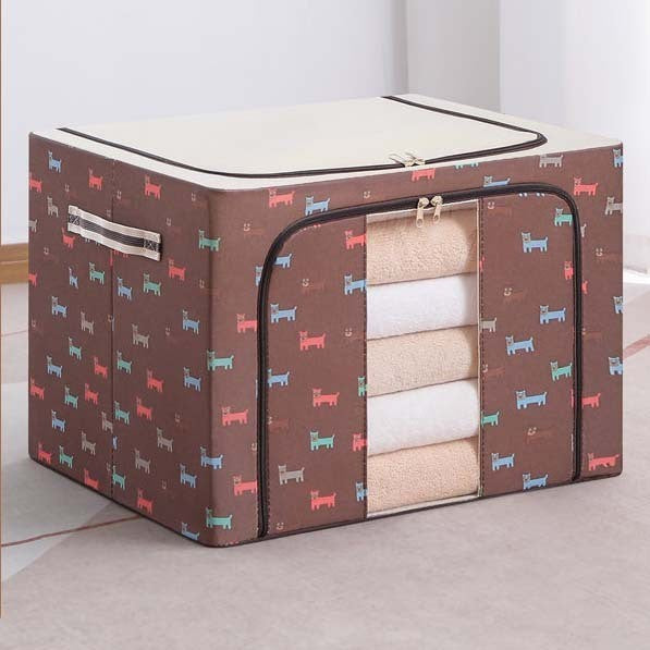 Cutie de Depozitare Pliabila cu Cadru Metalic, Organizator Haine si Jucarii, 2 Usi cu Fermoar si Fereastra, Panza Oxford 600D, 24 L, 40x30x20 cm, Imprimeu Catelus, Maro/Bej