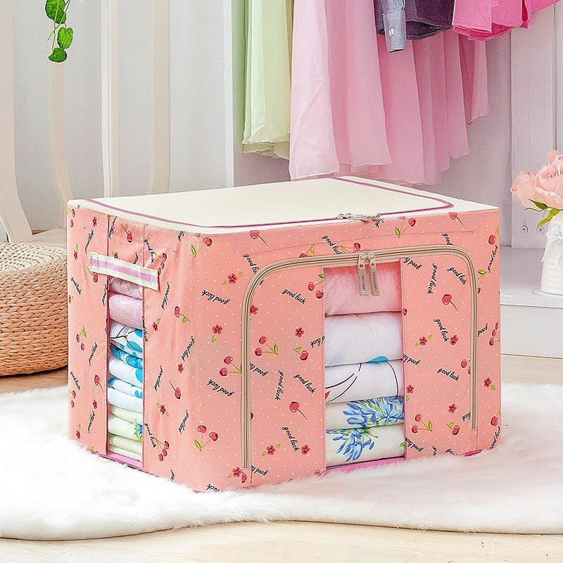 Cutie de Depozitare Pliabila pentru Haine si Jucarii, Organizator cu Cadru Metalic si Fereastra, 2 Cai de Acces cu Fermoar, Panza Oxford 600D, 24 L, 40x30x20 cm, Roz cu Imprimeu Cirese