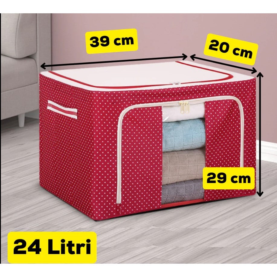 Cutie de Depozitare Pliabila, Organizator Haine cu Cadru Metalic si Fereastra Frontala, Panza Oxford 600D, 2 Usi cu Fermoar Bidirectional, 24 L, 40x30x20 cm, Rosu cu Buline