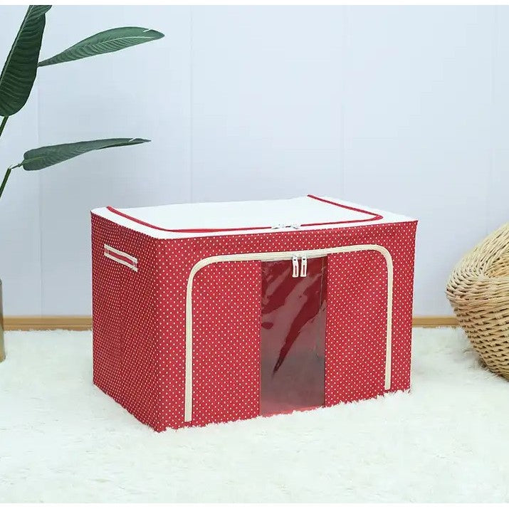 Cutie de Depozitare Pliabila, Organizator Haine cu Cadru Metalic si Fereastra Frontala, Panza Oxford 600D, 2 Usi cu Fermoar Bidirectional, 24 L, 40x30x20 cm, Rosu cu Buline