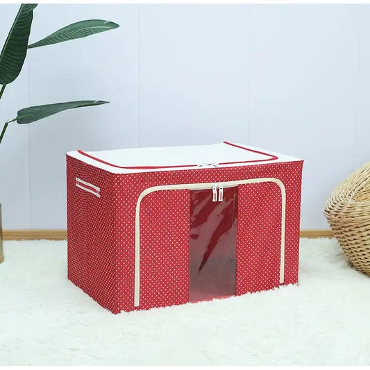 Cutie de Depozitare Pliabila, Organizator Haine cu Cadru Metalic si Fereastra Frontala, Panza Oxford 600D, 2 Usi cu Fermoar Bidirectional, 24 L, 40x30x20 cm, Rosu cu Buline