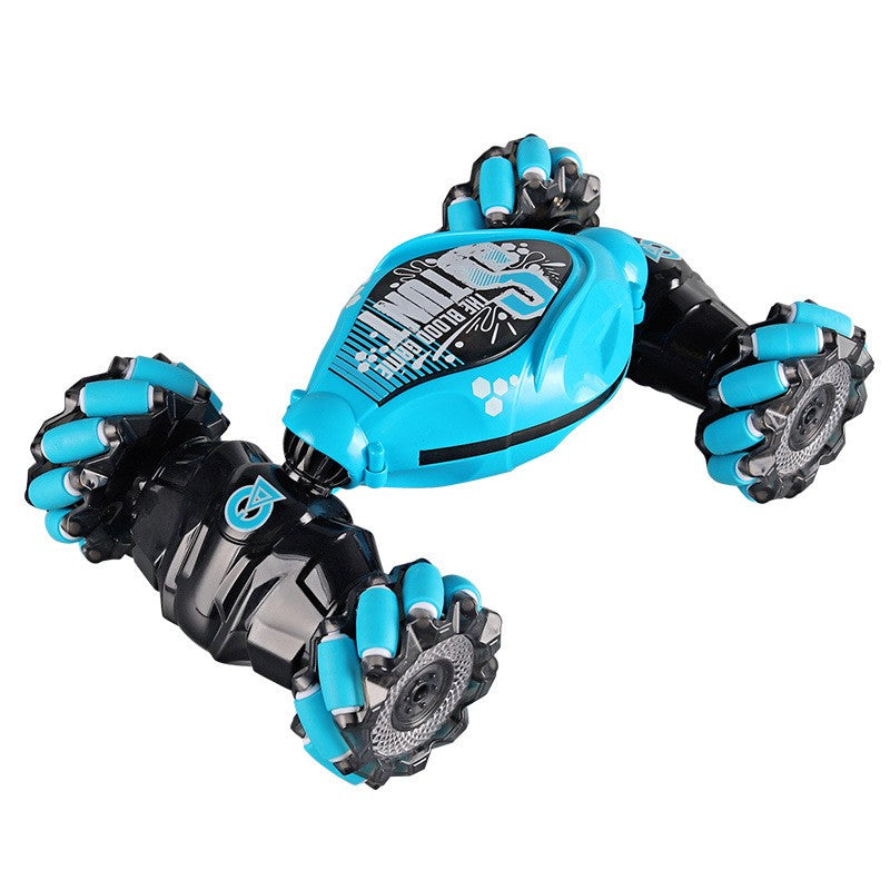 Masinuta Electrica De Jucarie Controlabila Prin Gesturi Si Telecomanda 2.4 GHz, Masina De Cascadorii Cu Doua Fete, Viteza 25km/h, Lumini Si Muzica, Acumulator 1400 mAh, Material ABS, 42 cm, Albastru
