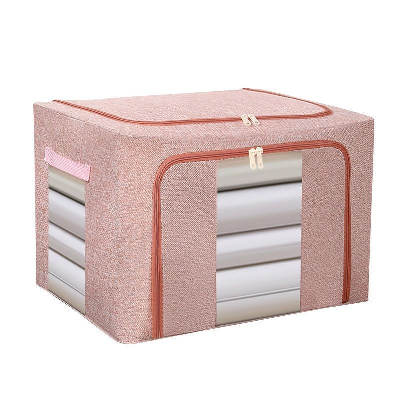 Cutie Depozitare Pliabila cu Cadru Metalic, Organizator Textile cu 2 Ferestre si Fermoar, Bumbac si In Impermeabil, 66 L, 50x40x33 cm, Roz Pudrat